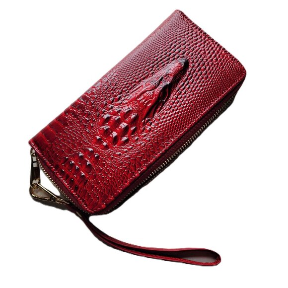 Raised Crocodile Embossed Leather Zipper Wallet Clutch Wristlet Card Holder - Picture 5 of 8